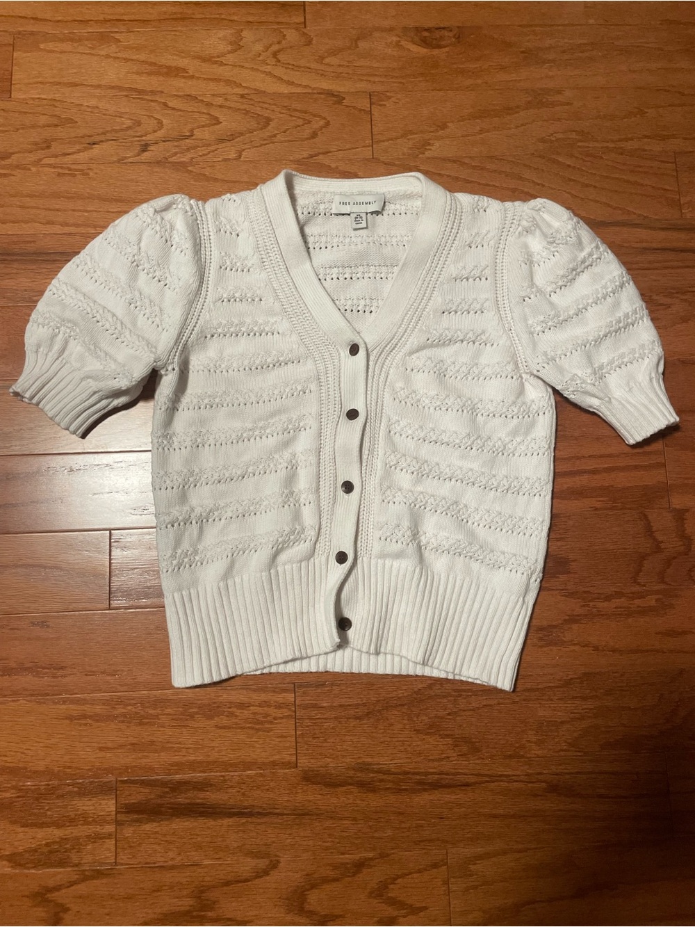 Free Assembly White Pointelle Puff-Sleeve Cardigan Sweater